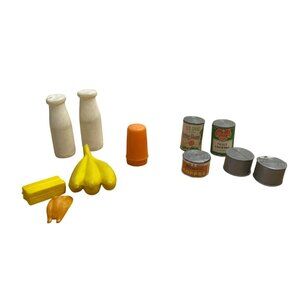 Vtg Childrens Play Food w Green Giant Cans Bottles Butter Chicken Bananas Salt